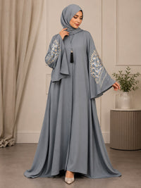 Luxury Nida Fabric Embroidered Abaya – Flared Sleeves (Mist Grey)