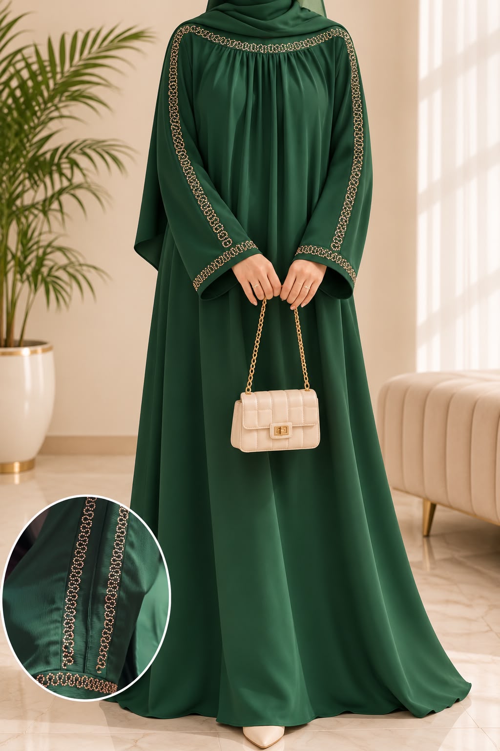 Luxury Premium Nida Embellished Abaya – Crystal Stone Work Modest Maxi Dress
