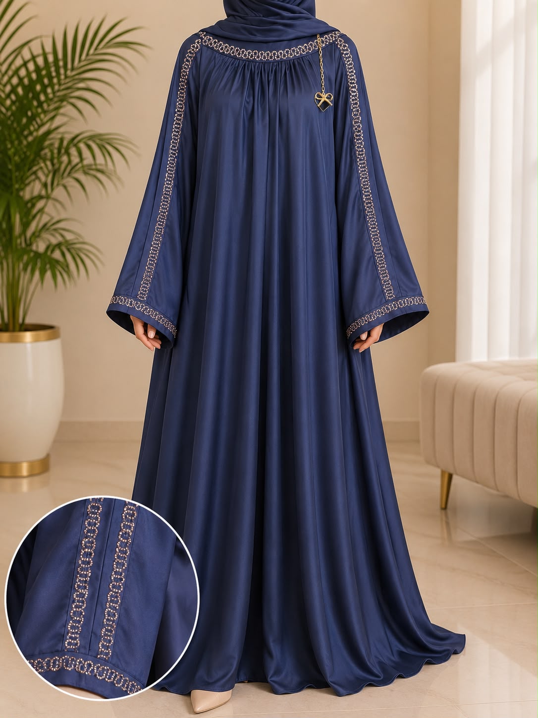 Luxury Premium Nida Embellished Abaya – Crystal Stone Work Modest Maxi Dress