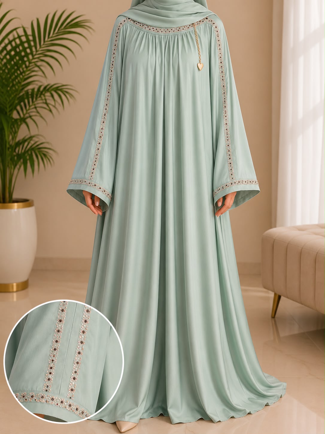 Luxury Premium Nida Embellished Abaya – Crystal Stone Work Modest Maxi Dress