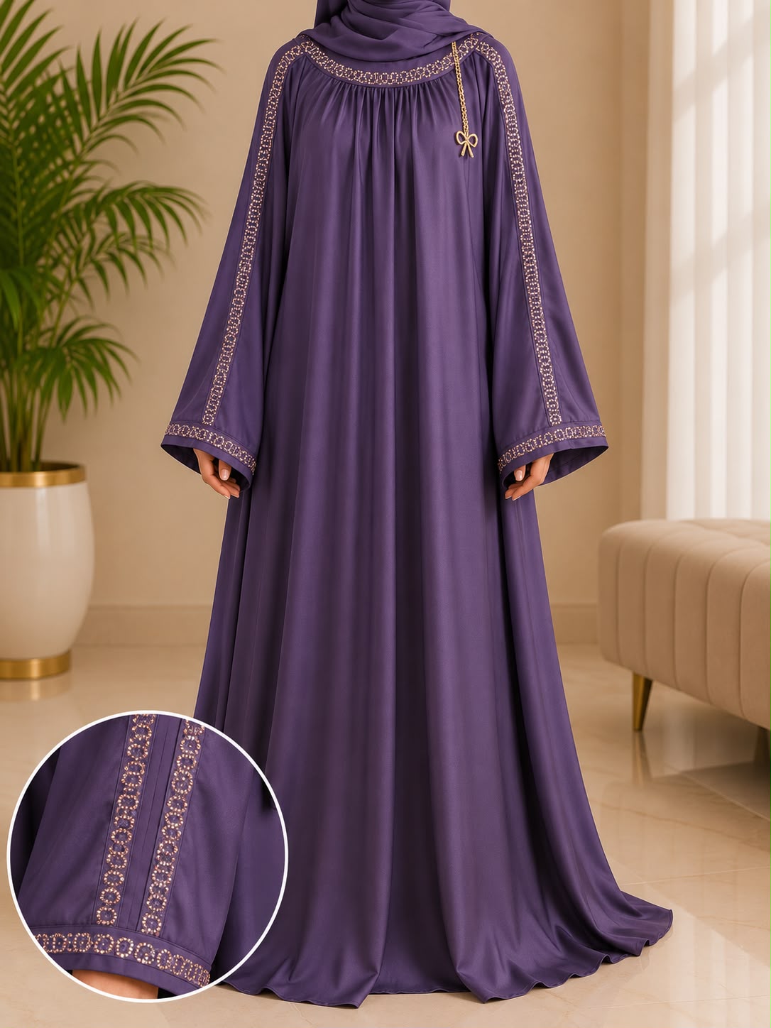 Luxury Premium Nida Embellished Abaya – Crystal Stone Work Modest Maxi Dress