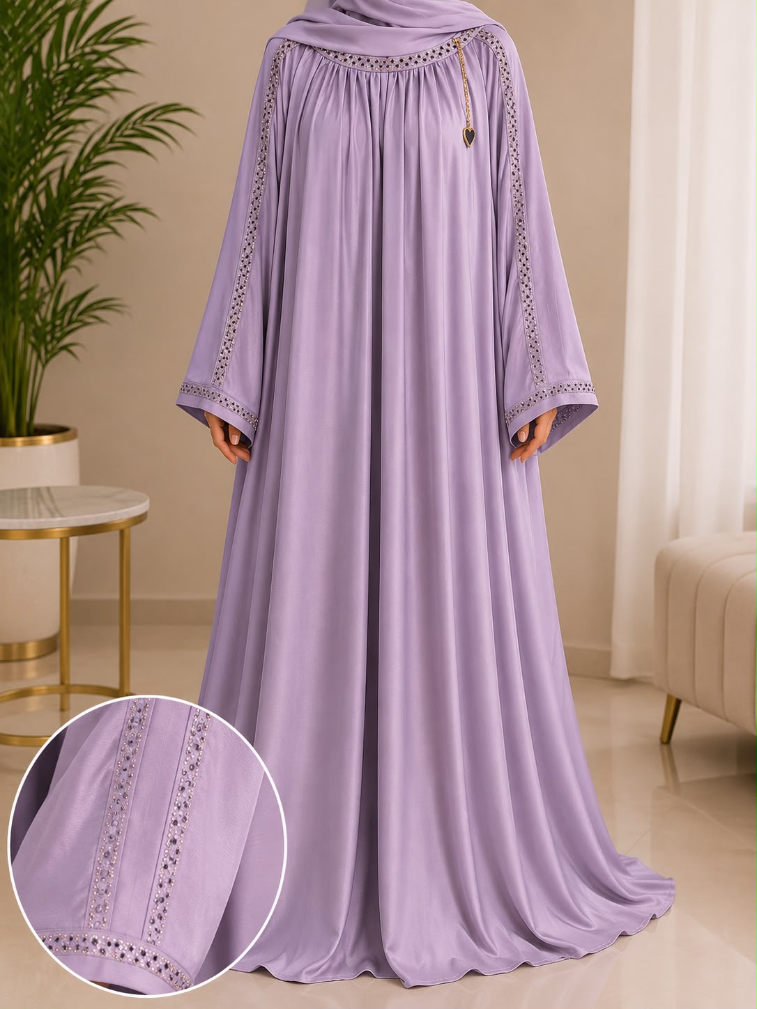Luxury Premium Nida Embellished Abaya – Crystal Stone Work Modest Maxi Dress