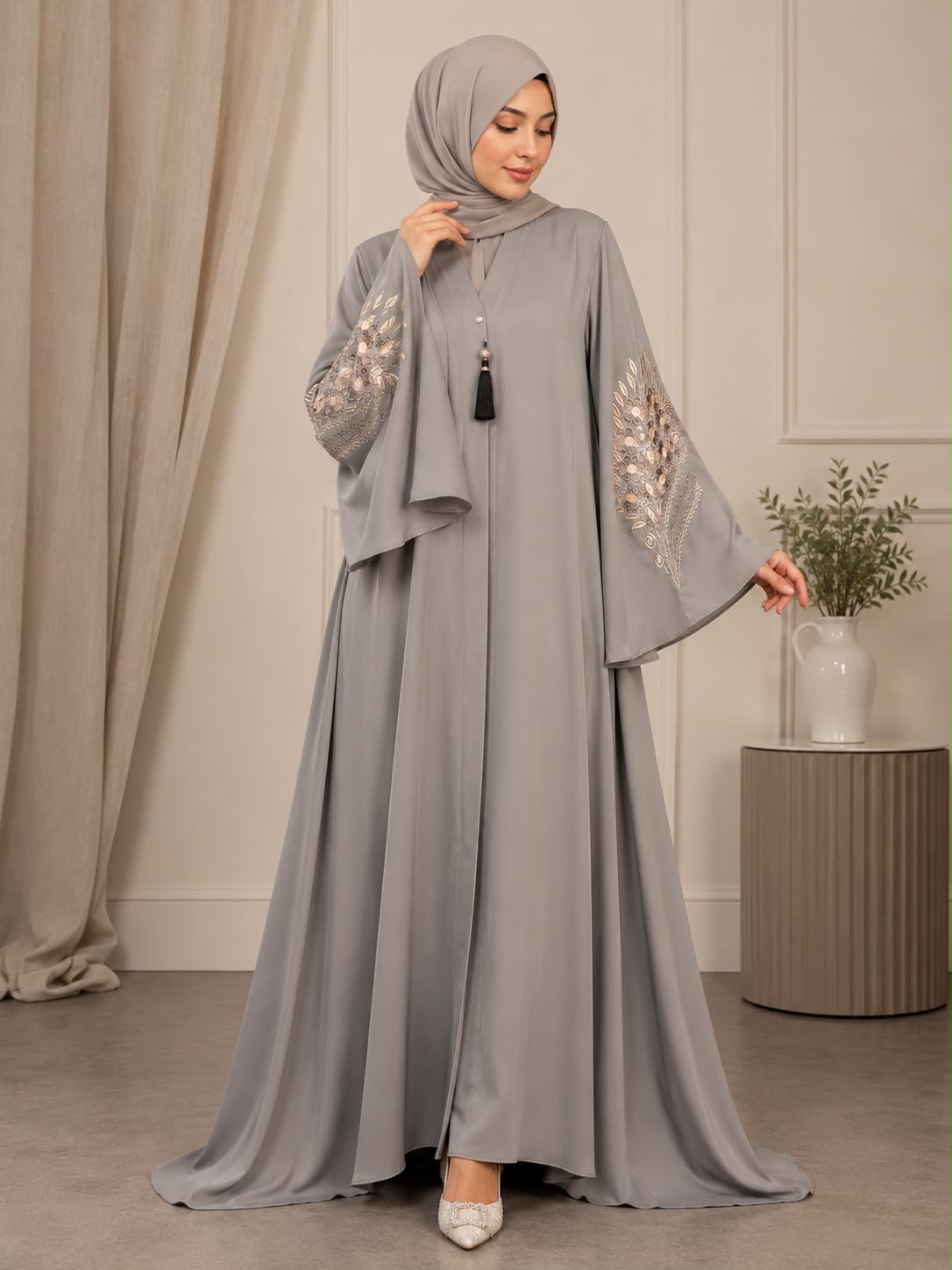 Luxury Nida Fabric Embroidered Abaya – Flared Sleeves (Mist Grey)