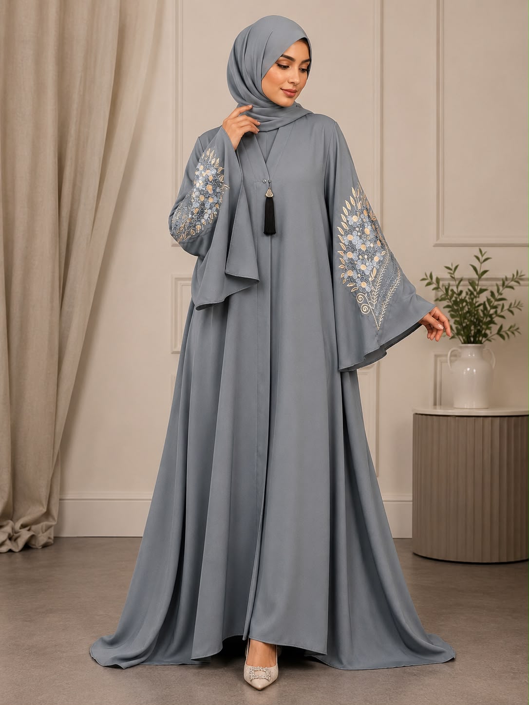 Luxury Nida Fabric Embroidered Abaya – Flared Sleeves (Mist Grey)