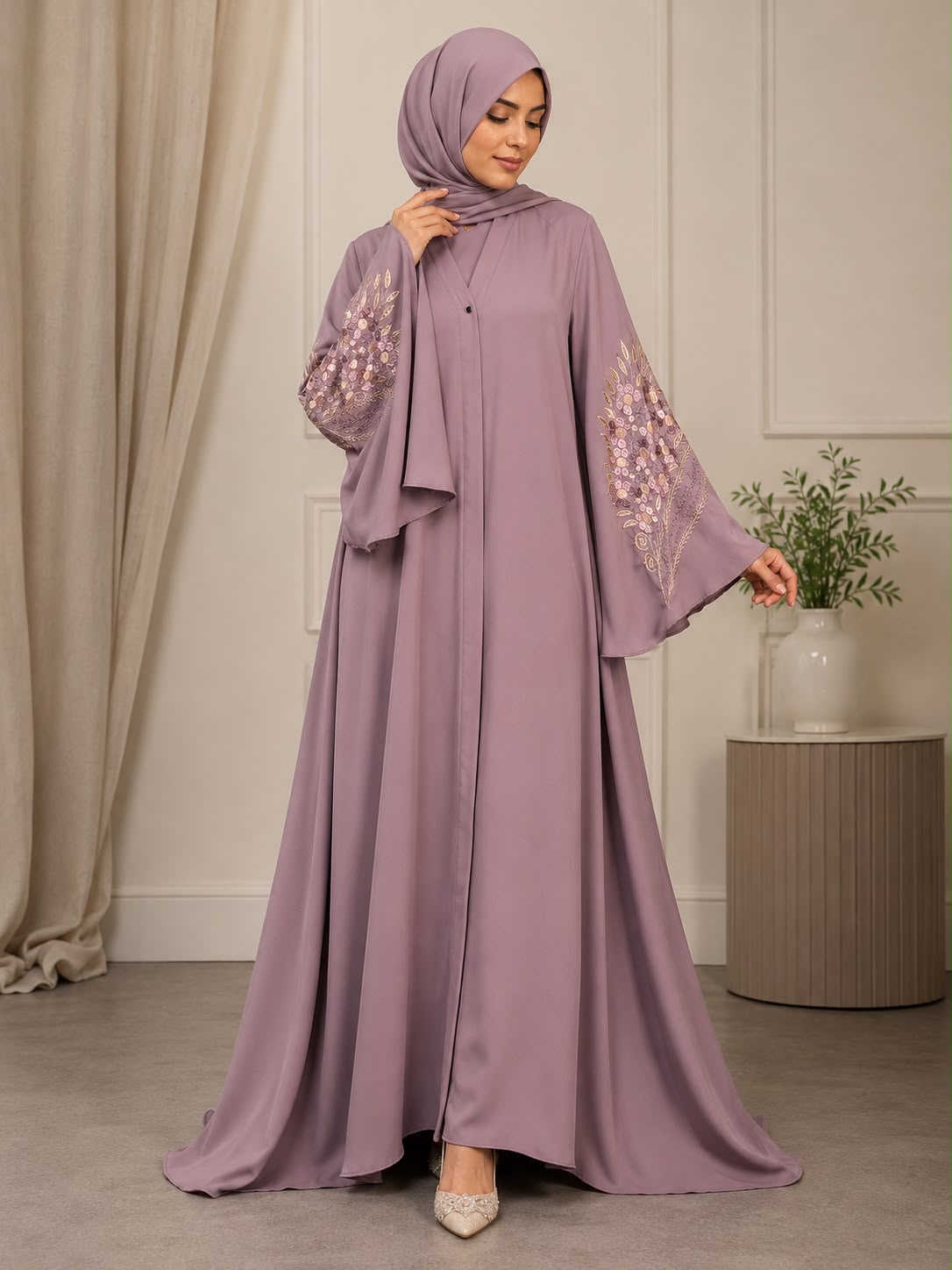 Luxury Nida Fabric Embroidered Abaya – Flared Sleeves (Mist Grey)