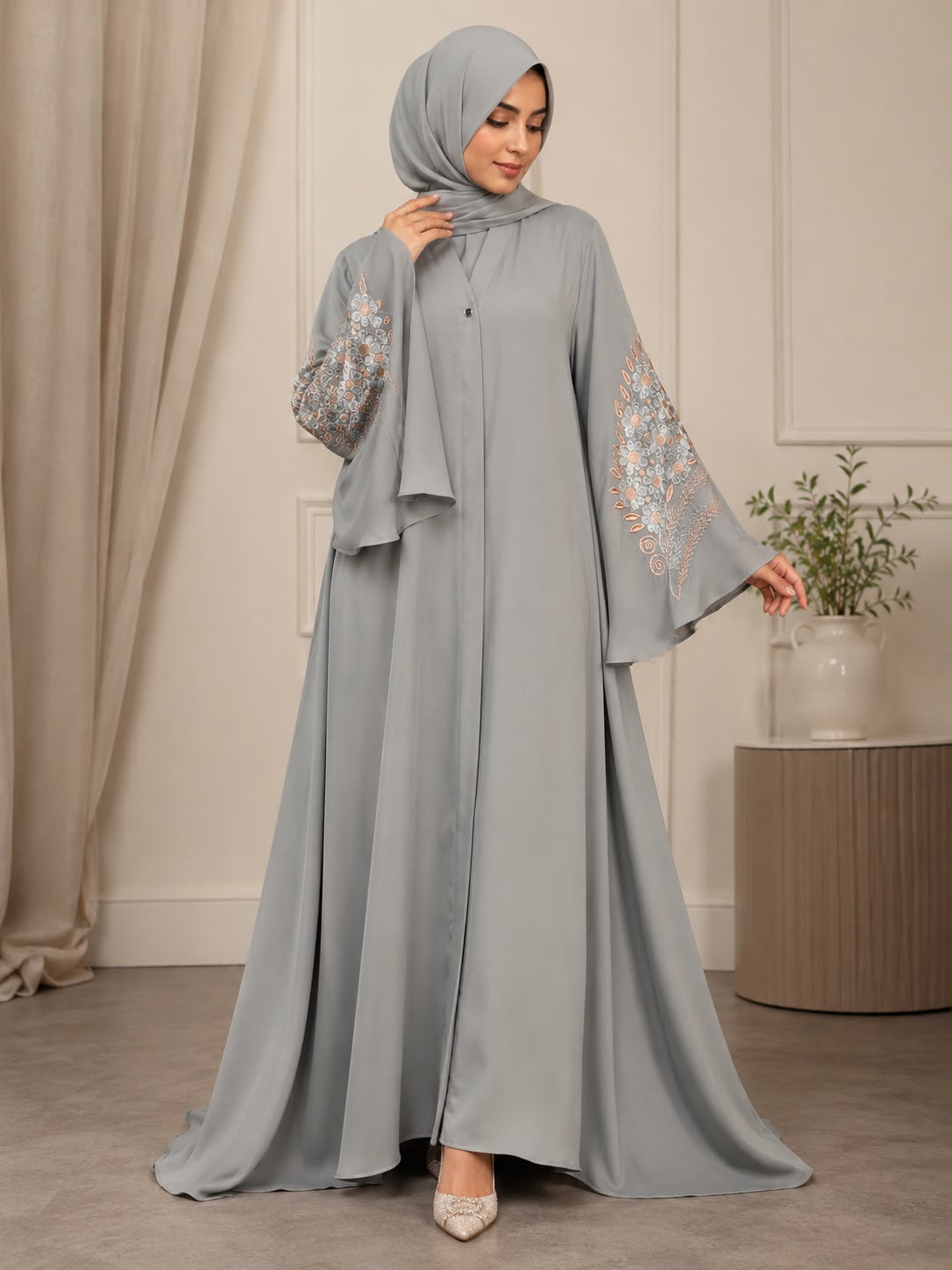 Luxury Nida Fabric Embroidered Abaya – Flared Sleeves (Mist Grey)