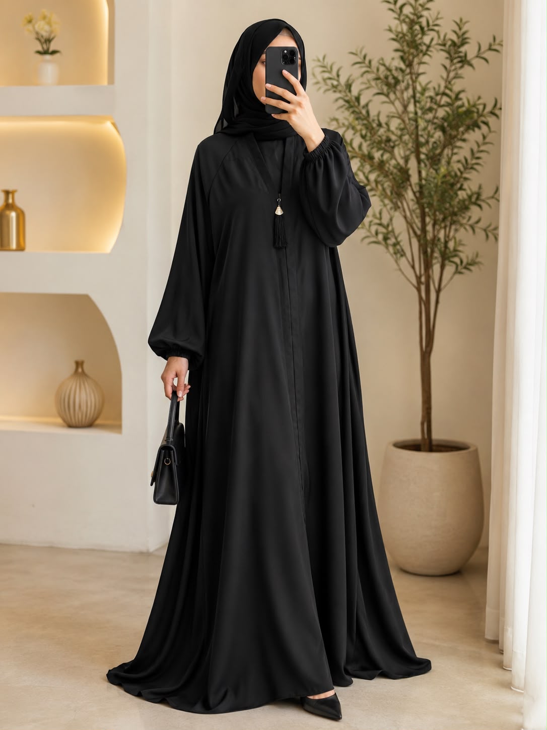 Premium Nida Black Front Open Abaya with Tassel (Elastic Cuffs)