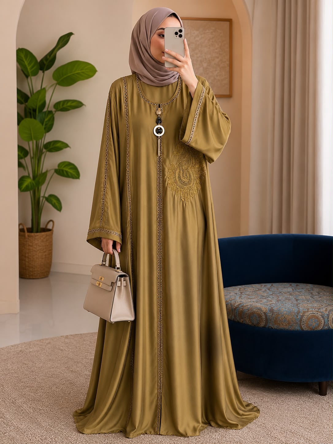 Premium Nida Embroidered Open Front Abaya (Stone Work Sleeves)