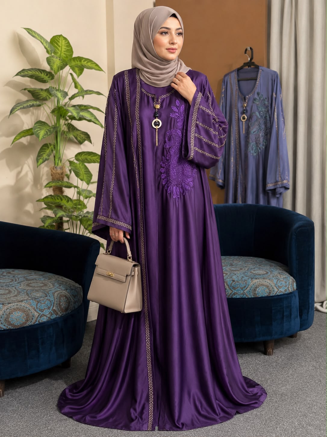 Premium Nida Embroidered Open Front Abaya (Stone Work Sleeves)