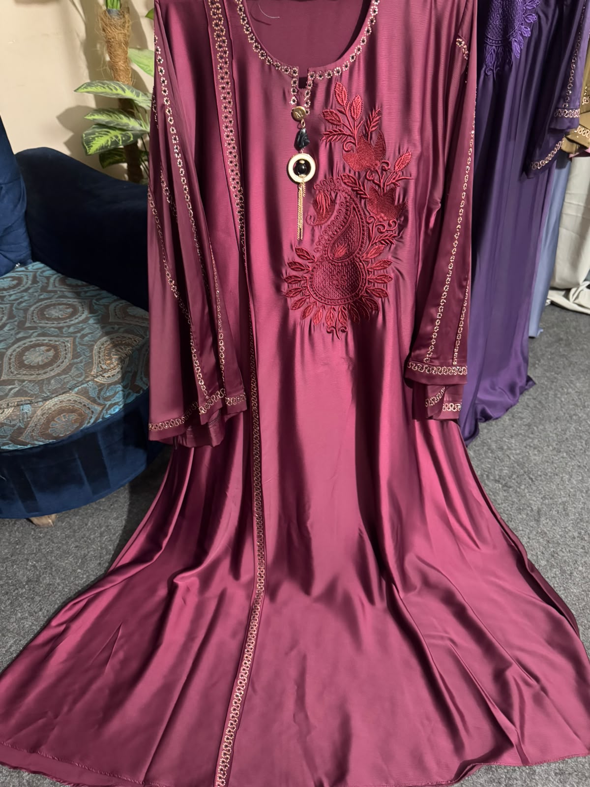 Premium Nida Embroidered Open Front Abaya (Stone Work Sleeves)