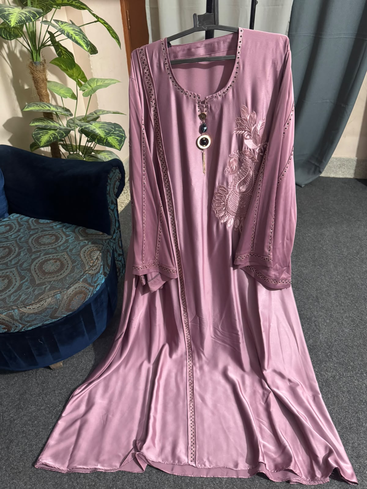 Premium Nida Embroidered Open Front Abaya (Stone Work Sleeves)