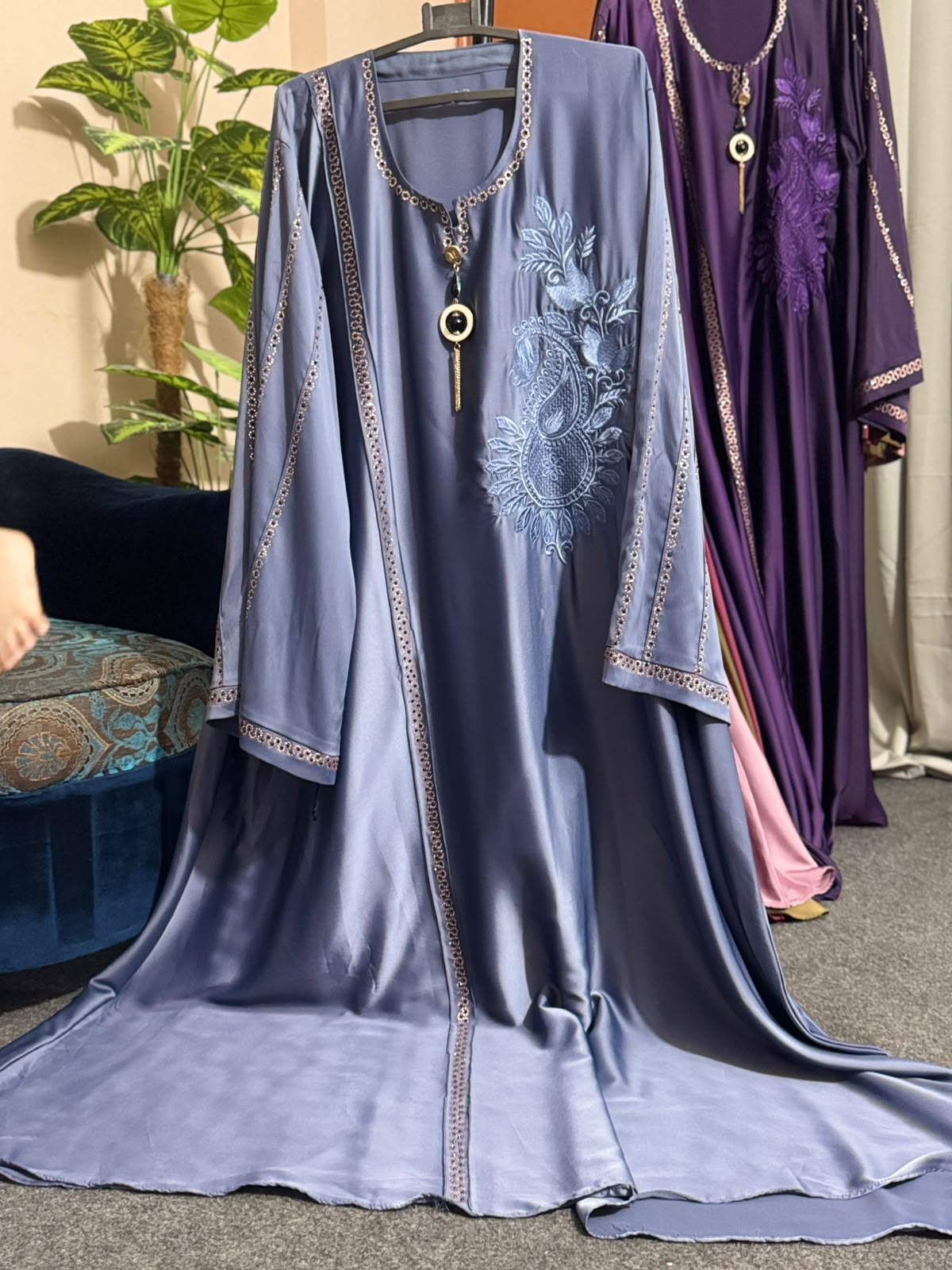Premium Nida Embroidered Open Front Abaya (Stone Work Sleeves)