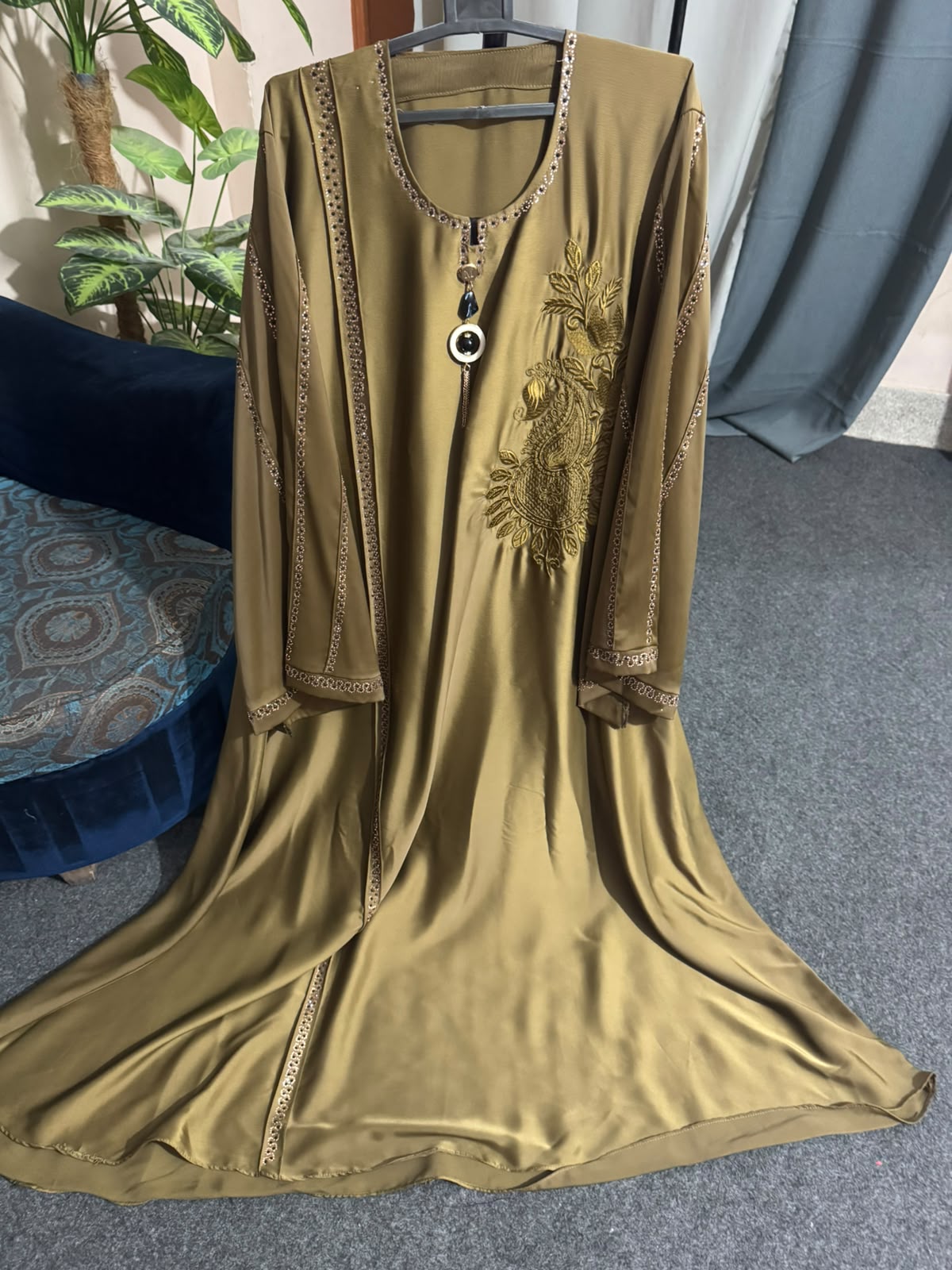 Premium Nida Embroidered Open Front Abaya (Stone Work Sleeves)