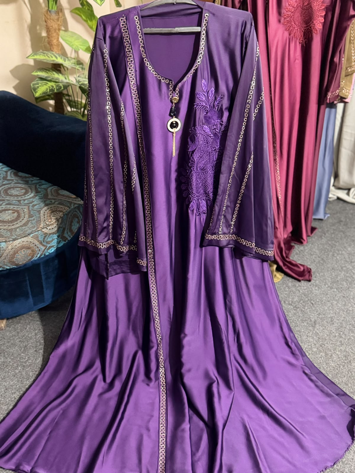 Premium Nida Embroidered Open Front Abaya (Stone Work Sleeves)
