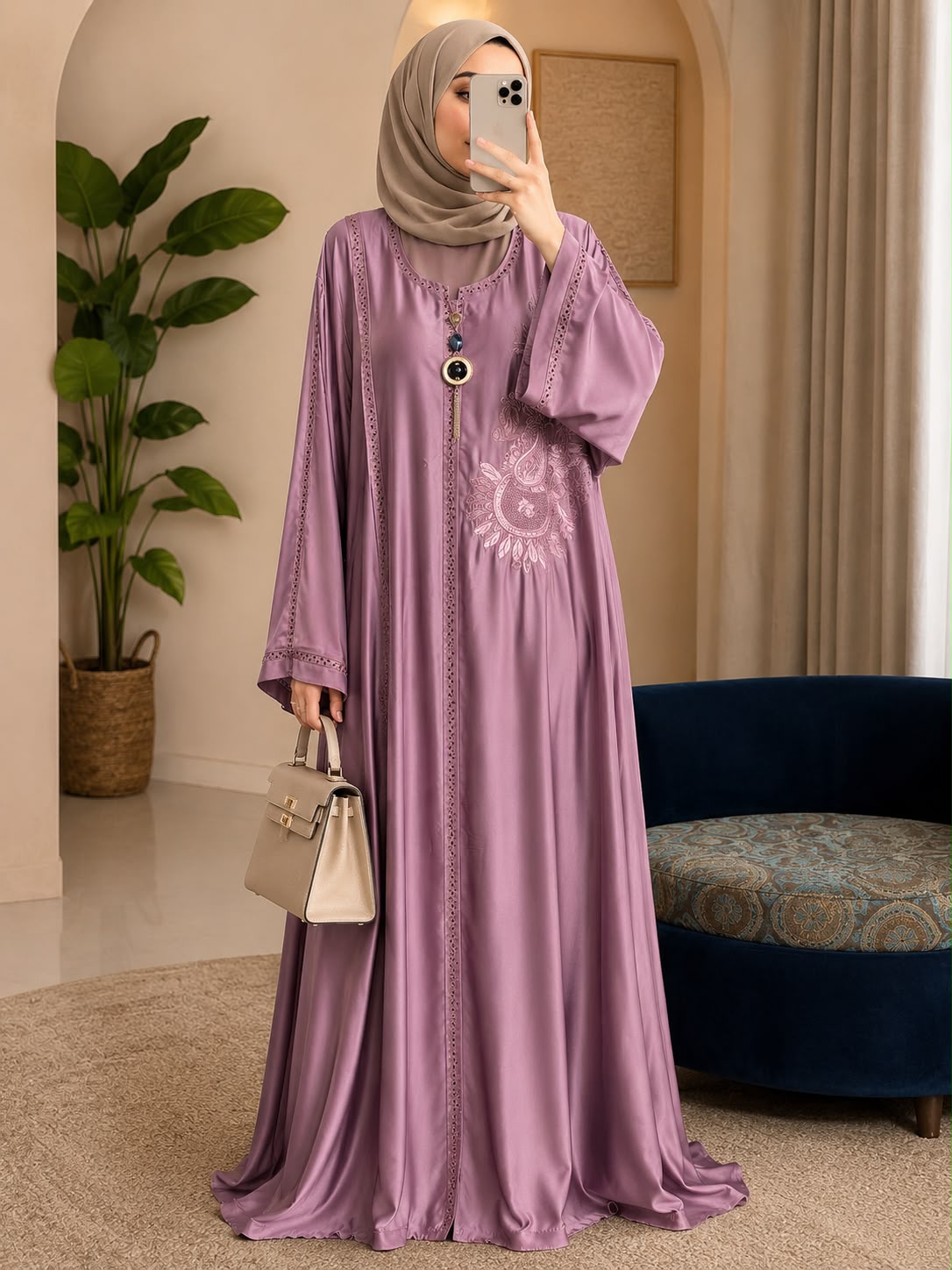 Premium Nida Embroidered Open Front Abaya (Stone Work Sleeves)