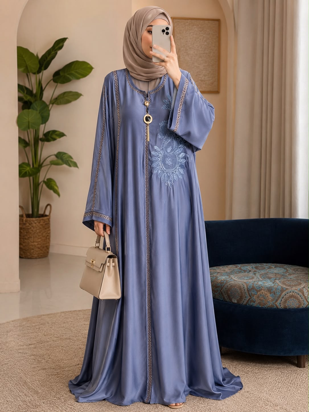 Premium Nida Embroidered Open Front Abaya (Stone Work Sleeves)