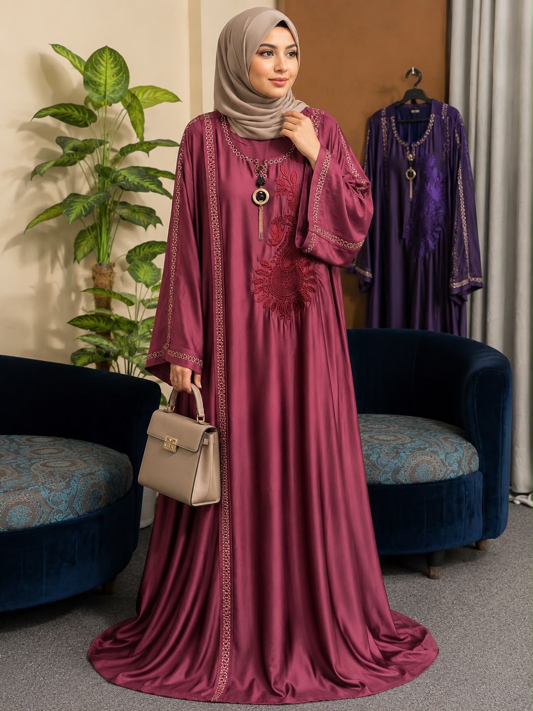 Premium Nida Embroidered Open Front Abaya (Stone Work Sleeves)